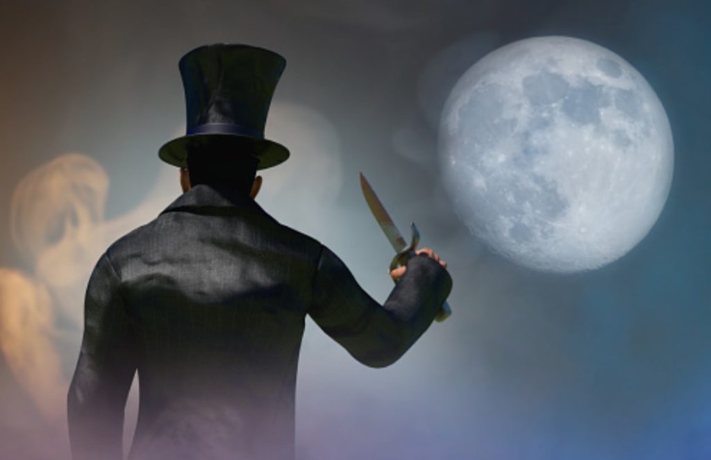 Man with top hat stands facing away holding up a knife under a full moon