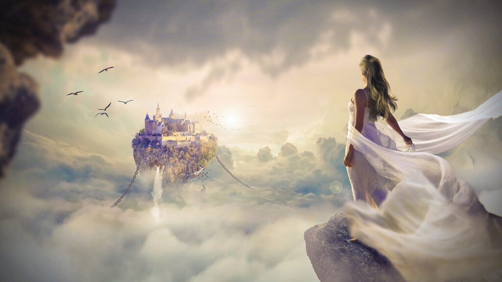 woman stands on a cliff looking at a castle in the clouds