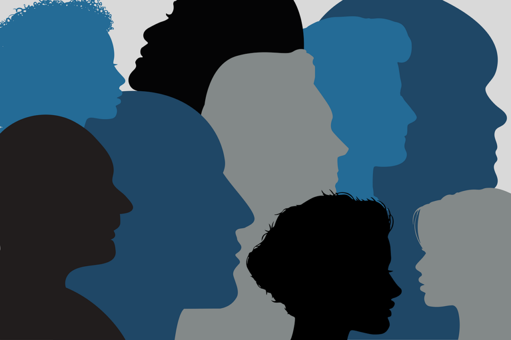 Silhouettes of people of many ages, colors, genders, ethnicities