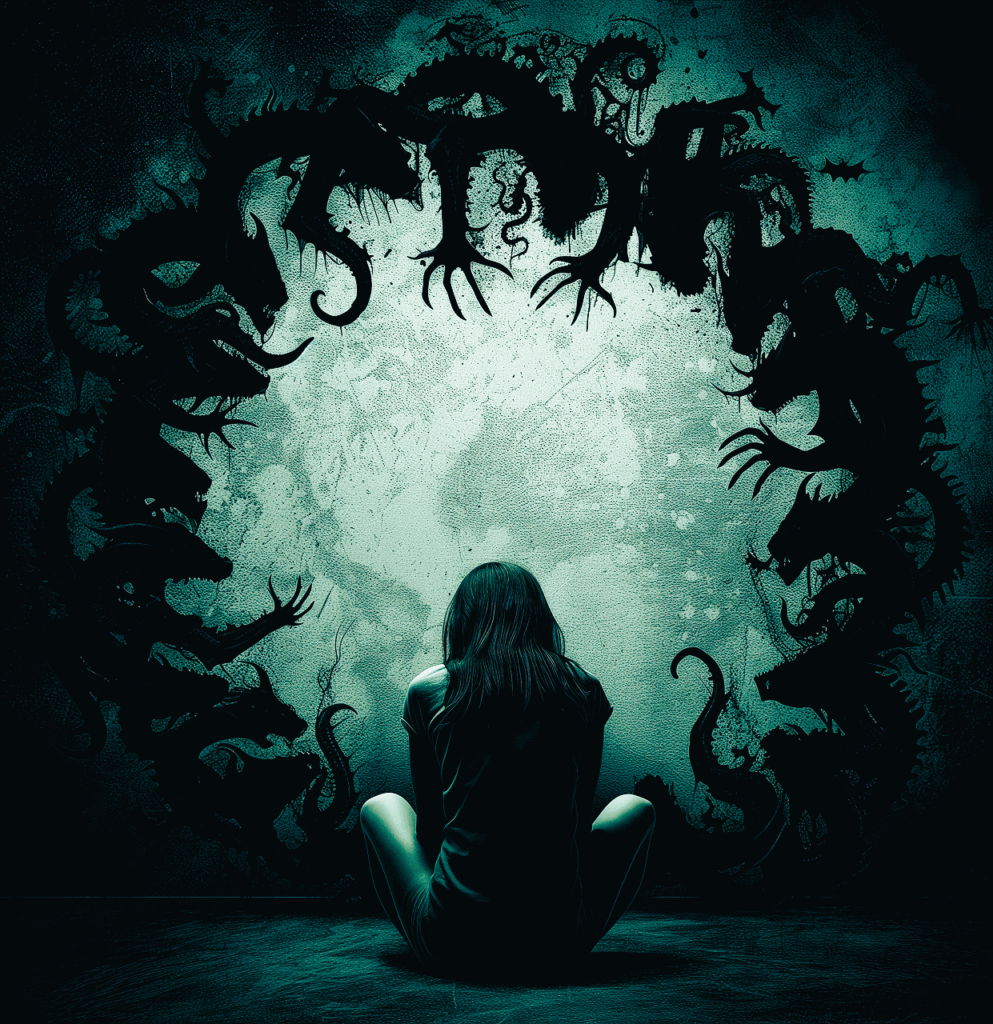 A highly shadowed woman sits cross legged facing away from the camera. She is framed by a circle of vines that look like hands reaching for her.